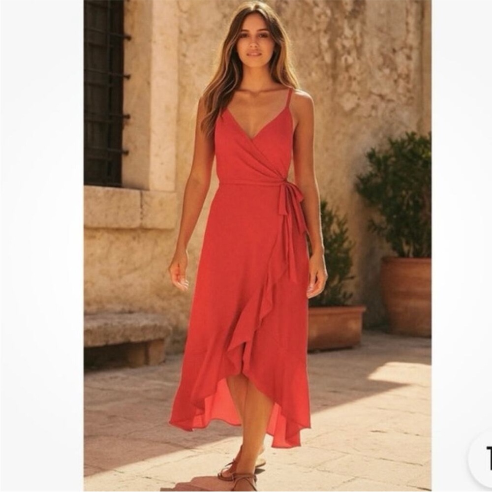 Lulu's Manhattan Moment Berry Pink Ruffled Midi Wrap Dress